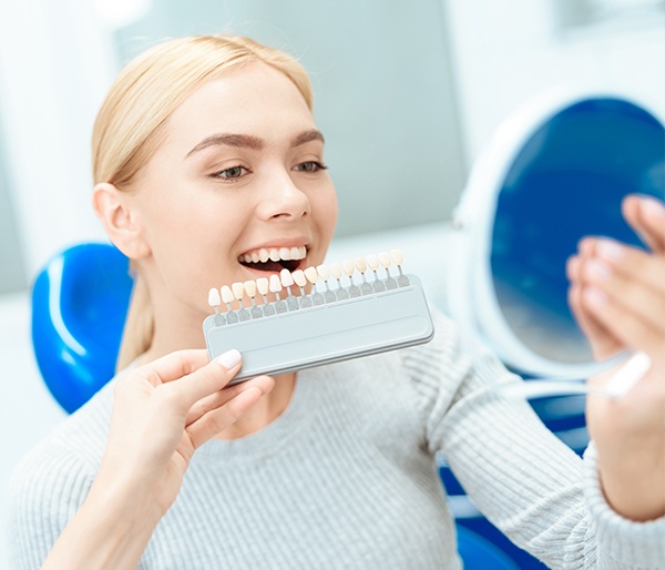 Woman's smile compared to metal free restoration color chart